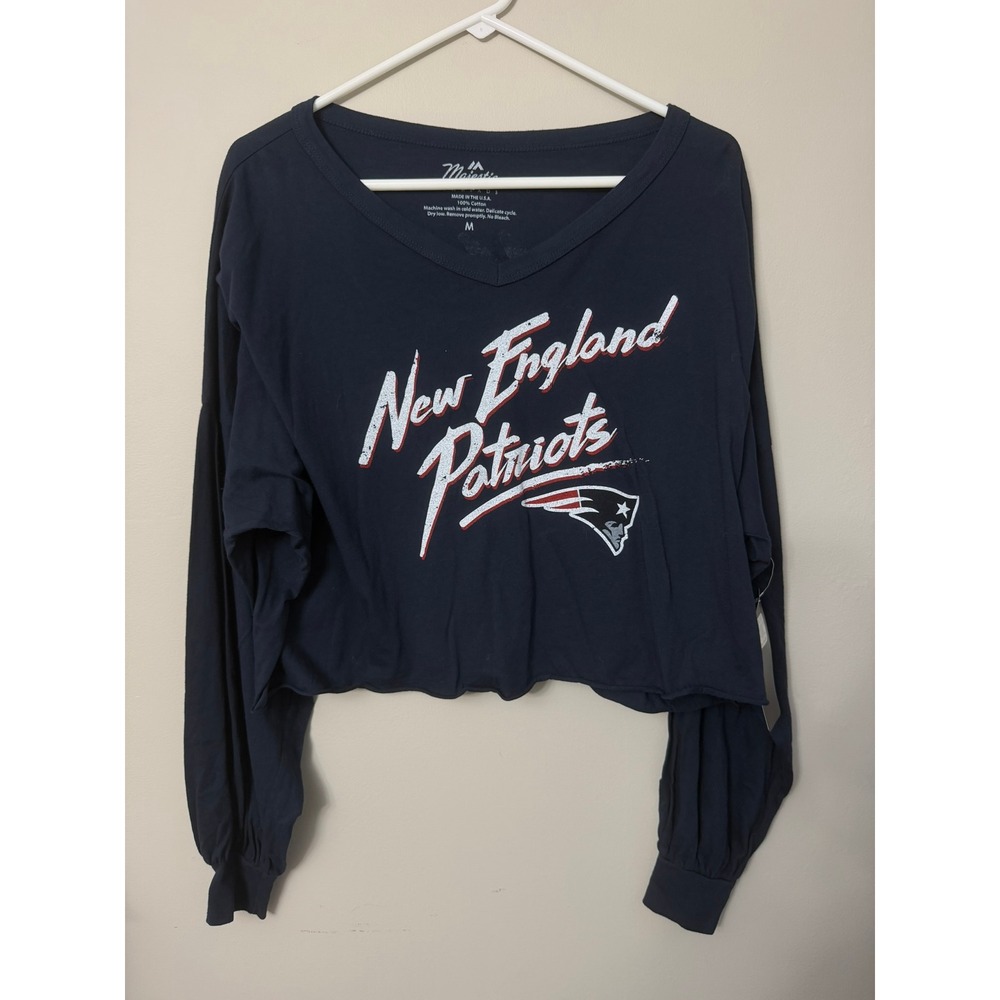 Majestic New England Patriots Drake Maye Women M Navy Crop Long Sleeve NWT